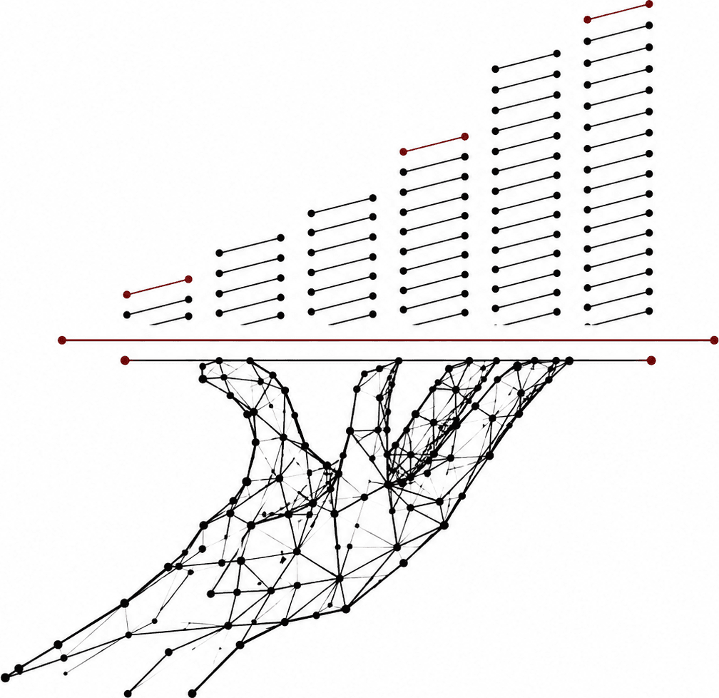 Ilustração de rede de conexões formando uma mão sobre gráfico de crescimento