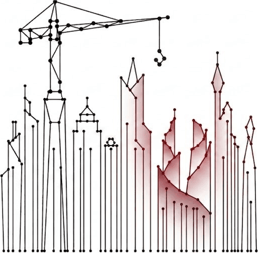 Ilustração de rede de conexões formando um guindaste e skyline urbano