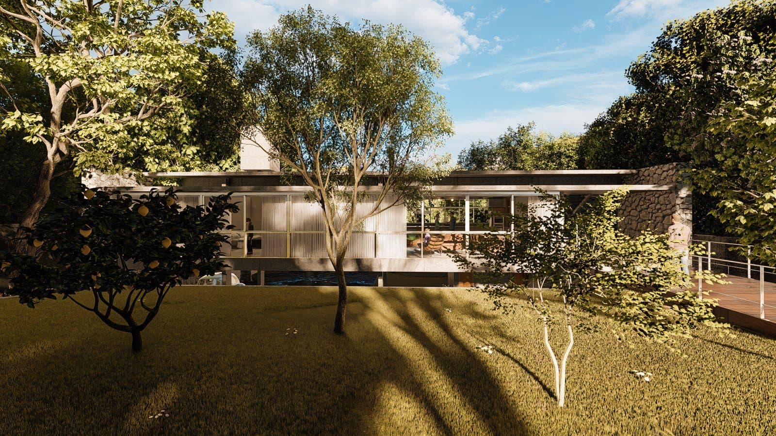 Vista externa de residência de alto padrão, integração com jardim